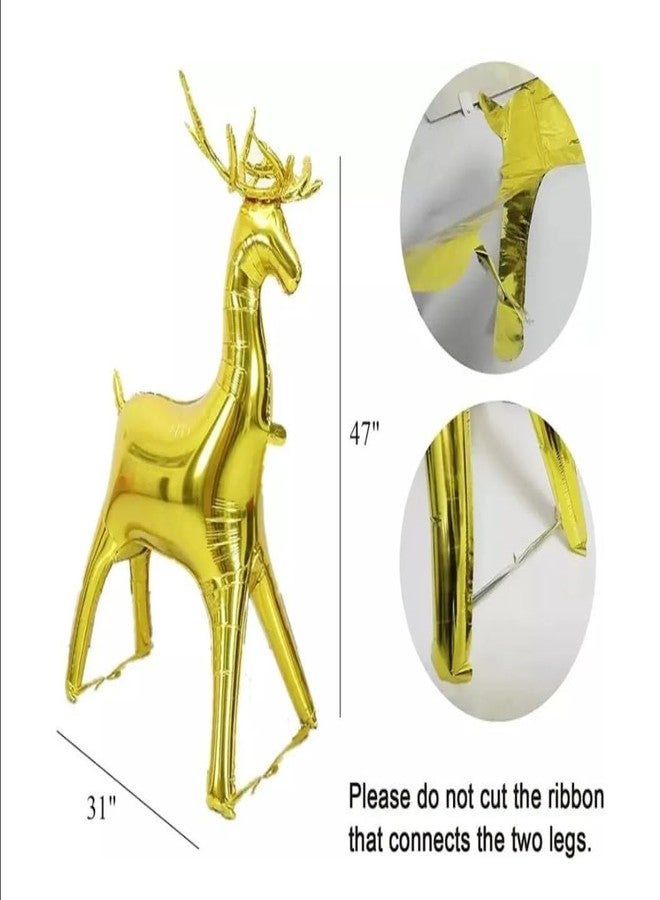 RSAAUD بالون غزال ذهبي رباعي الأبعاد قائم بذاته من رقائق معدنية، بالونات عيد الميلاد، بالون سانتا من رقائق معدنية / بالونات زينة عيد الميلاد، زينة منزلية لعيد الميلاد، بالونات عيد الميلاد (48 بوصة غزال ذهبي) - Image 2